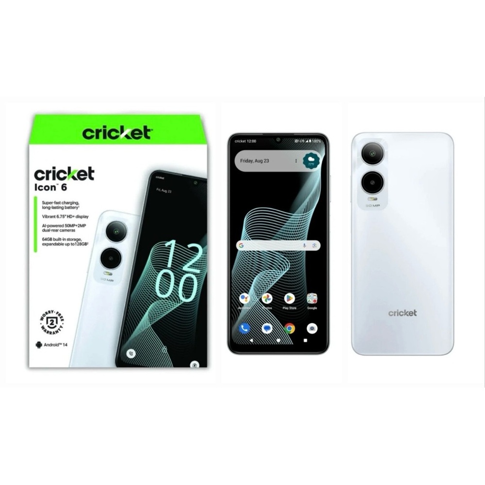 Cricket Wireless Icon 6, 64GB, 4GB RAM, 50MP/8MP, Cloud White Prepaid Phone 🆕